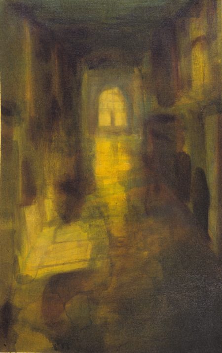 Mostly yellow, gray and black painting of a fuzzy hallway with light emanating from various sources and a grand window at the end with an arch-top frame. 
