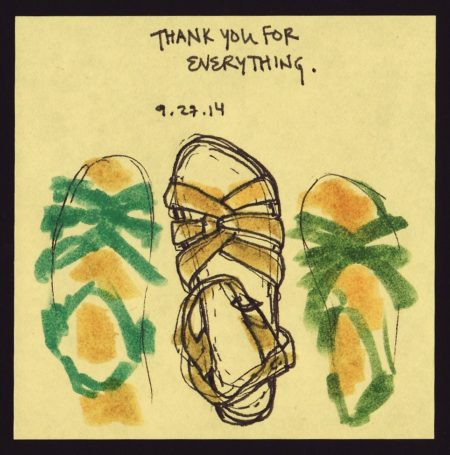 Classic yellow post-it with three saltwater sandals drawn in yellow and green felt-tip marker with the words “THANK YOU FOR EVERYTHING” at the top and dated 9-27-14 
