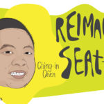 An illustration of a person of Chinese descent and short hair, smiling with an asymetrical yellow background. Small handwritten text says "Ching-In Chen" and larger text reads "Reimagine Seattle"