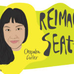 Hand-illustrated portrait of Cleopatra Cutler, with long black hair pulled to her shoulder, a hint of a smile and bright hazel eyes. Placed on a yellow and green background with the words Reimagine Seattle in a wiggly font.