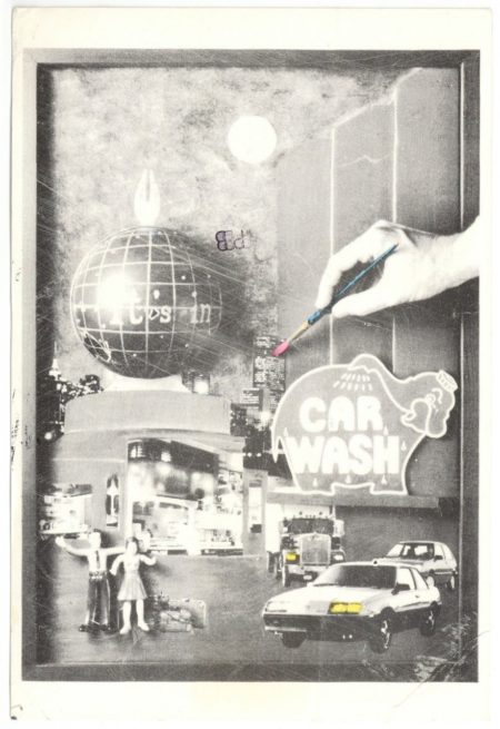 Black-and-white photo of a 3-D collage mixing imagery from Seattle landmarks and old cars, hand-tinted in parts with the artists hand and paintbrush in the forefront.