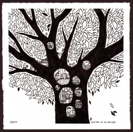 Black-and-white pen and ink drawing of a tree with small, circular opening views looking into tiny, furnished rooms inside the trunk.