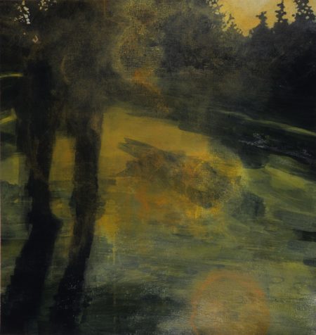 A painting with dark green, yellow and black washes of color with a tree line visible at the top right corner and the shadow of two figures in the left foreground.