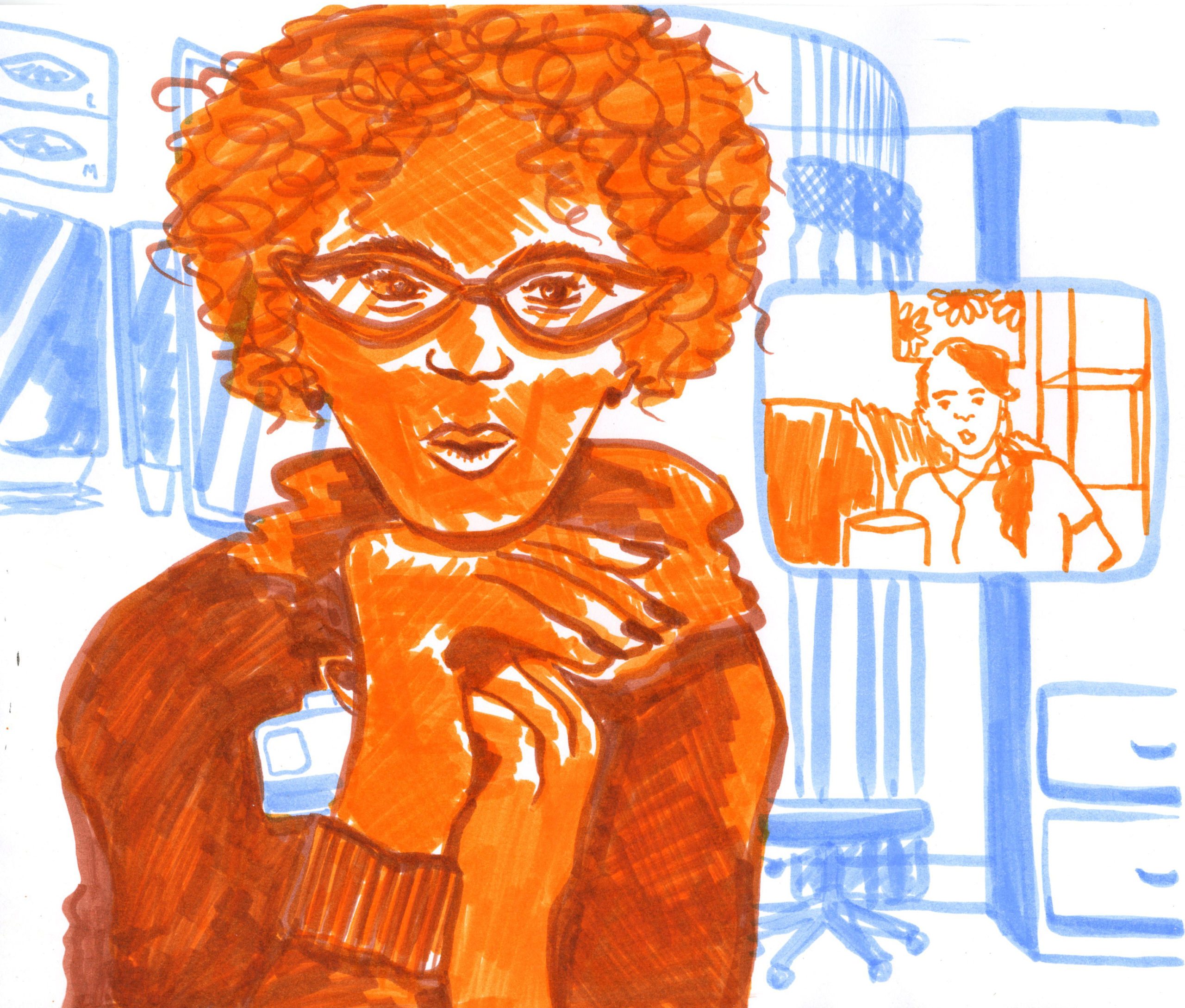 hand drawn illustration in orange and blue of person with short curly hair and glasses having a video chat with another person.