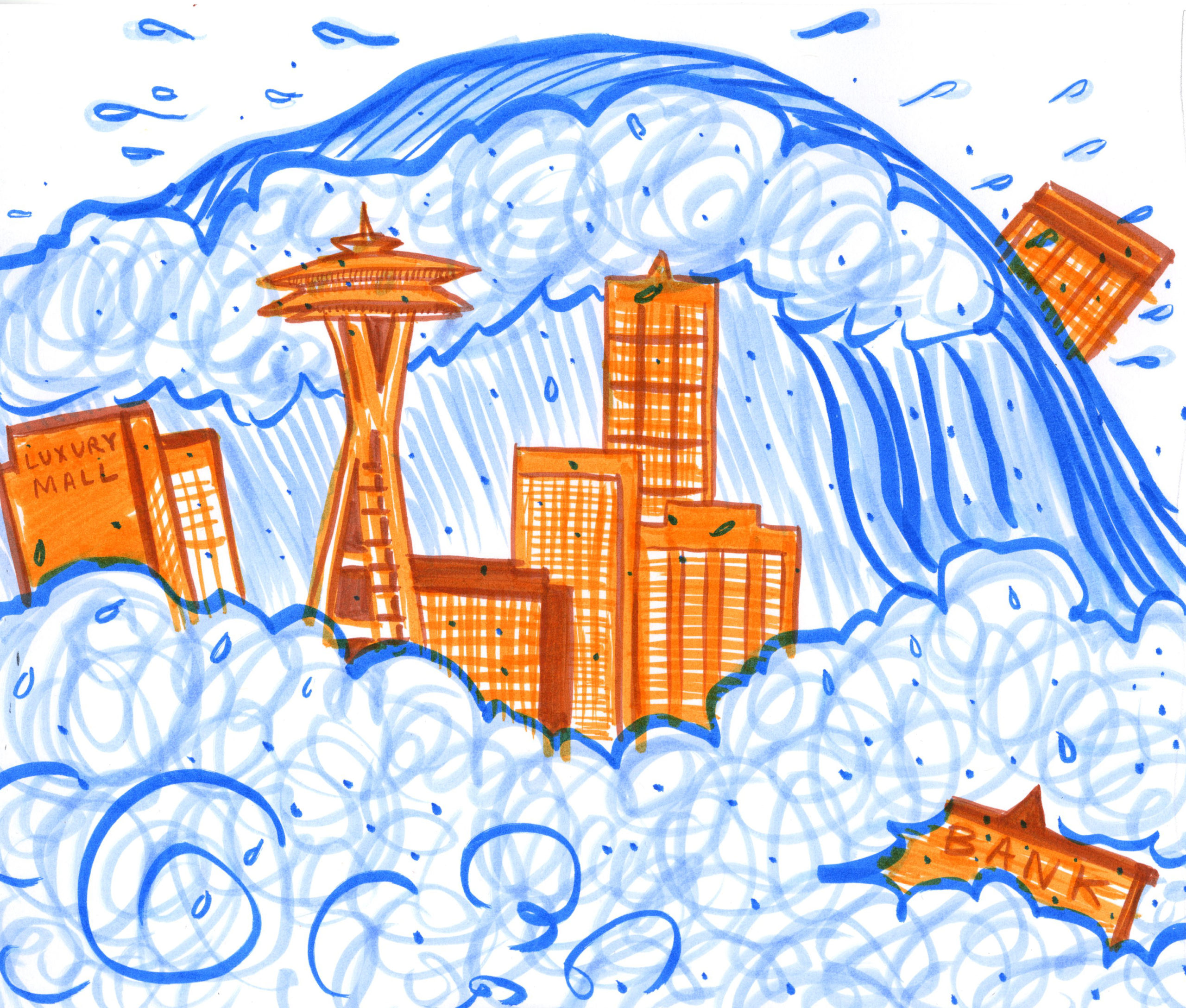 hand drawn illustration in orange and blue of the Seattle skyline being overtaken by a large blue wave