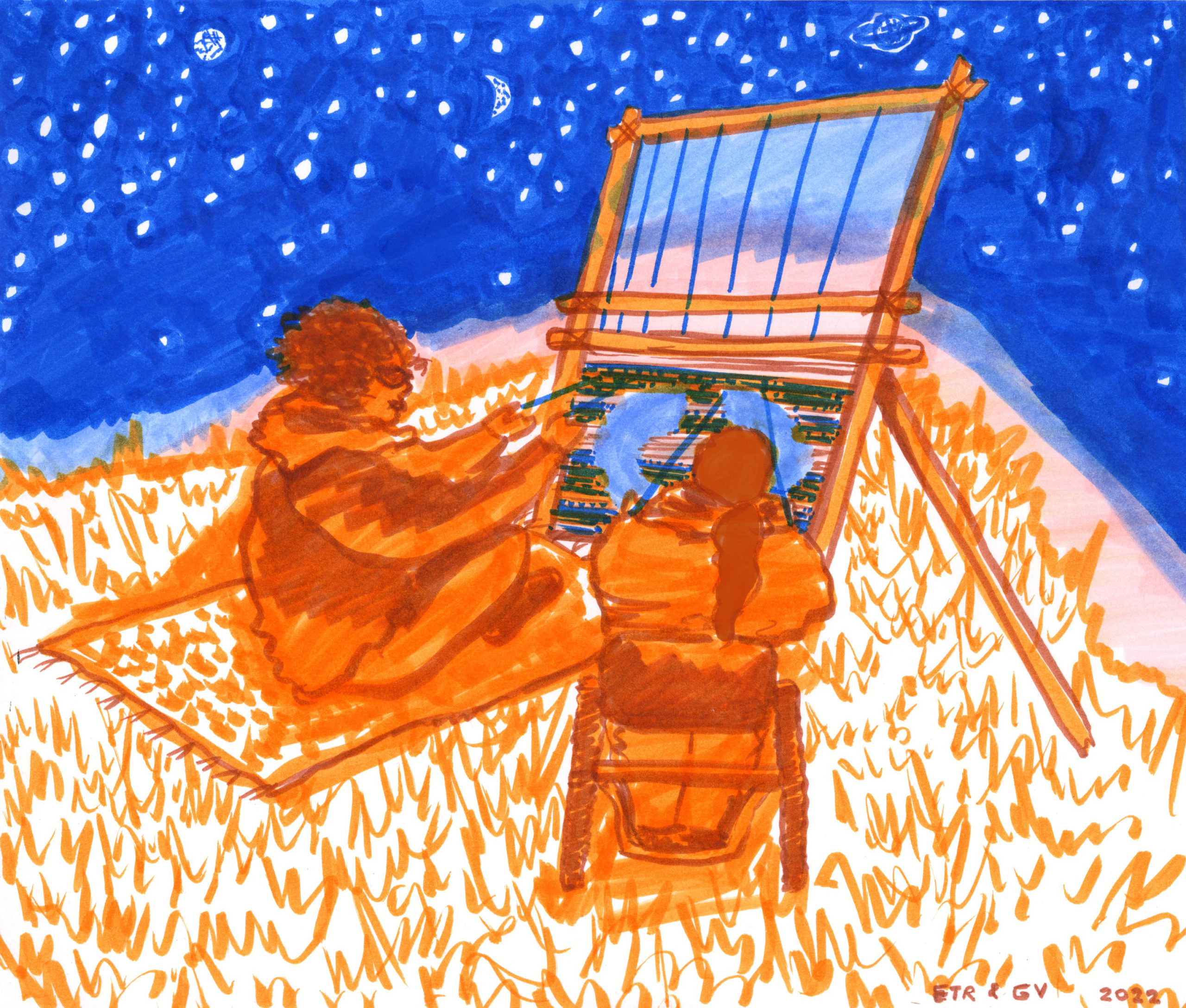 hand drawn illustration in orange and blue of two people sitting under a starry sky, weaving. one person is seated on the ground, the other in a wheelchair.