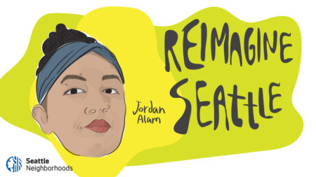 An illustration of a woman's face turned slightly sideways with a serious look. Small text reads "Jordan Alam" and large text reads "Reimagine Seattle"
