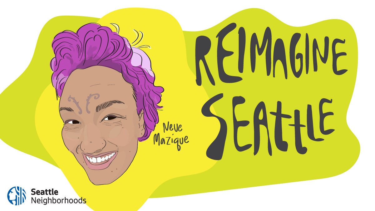 Illustration of a smiling face with purple hair and face paint. Small text reads: 