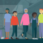 illustration of diverse group of community members in a light rail station
