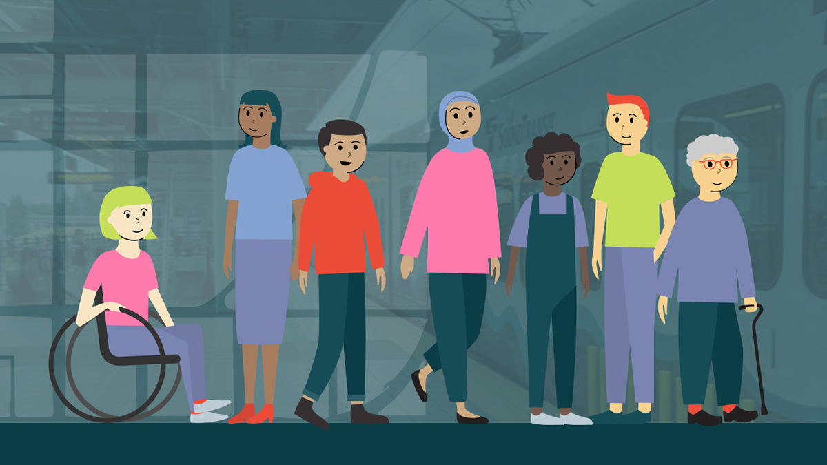 illustration of diverse group of community members in a light rail station
