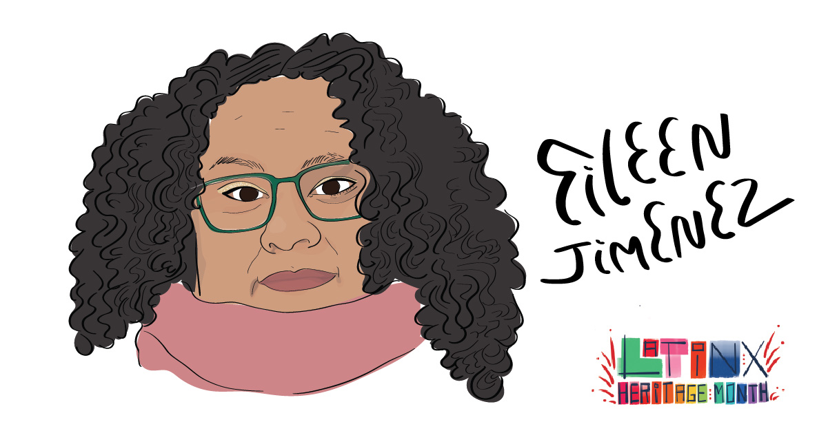 illustration of Eileen Jimenez's face next to a colorful text treatment of the words Latinx Heritage Month