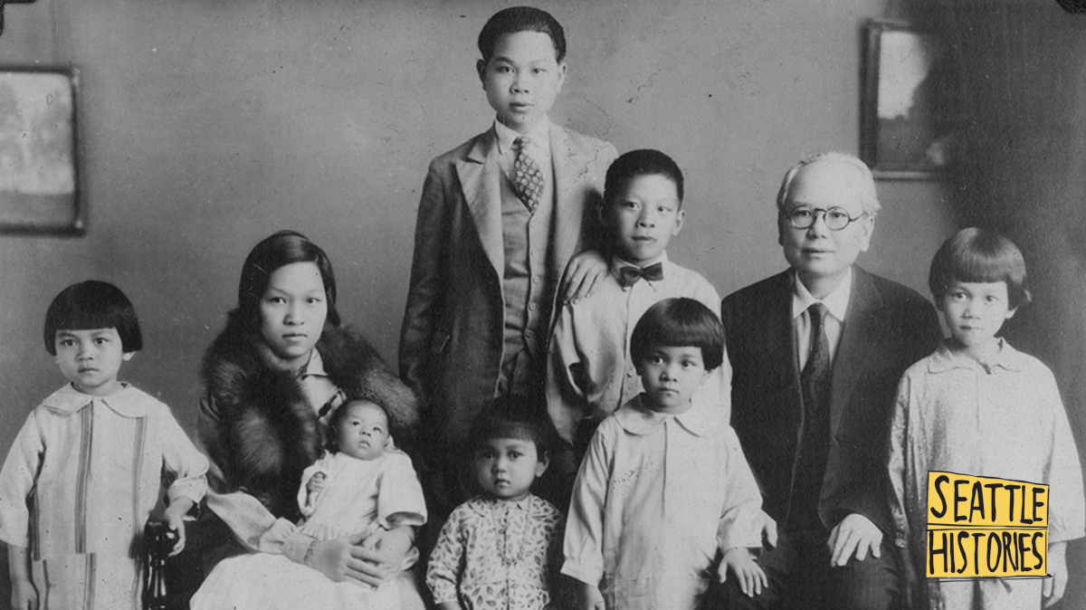 A black and white photo of a Chinese American family circa 1931