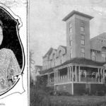 Two side-by-side black and white photos. One of a young Japanese woman the other of a large house with a group of people standing on the porch.