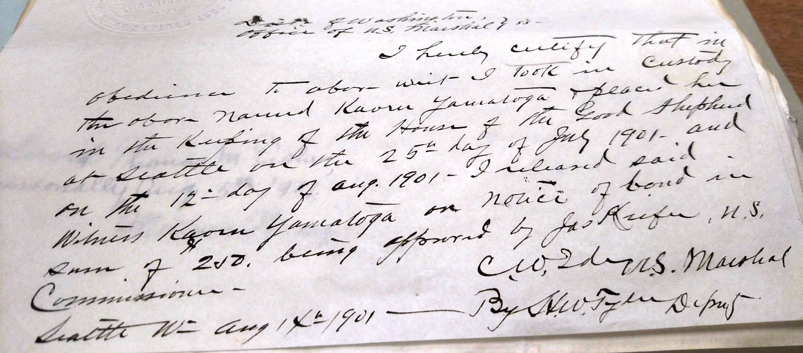 A handwritten statement from the U.S. Marshal who escorted Kaoru to the House of the Good Shepherd. 