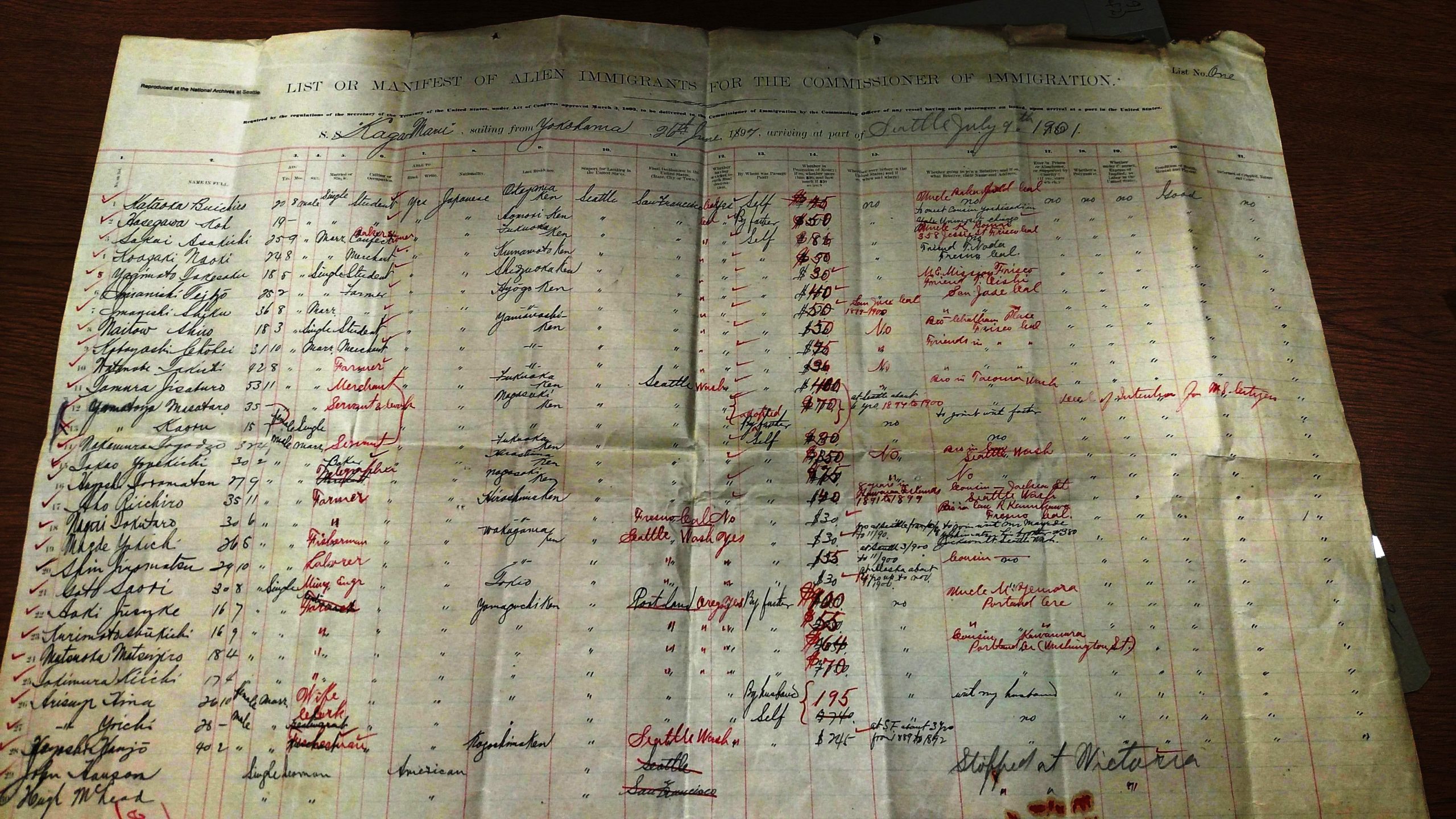 A passenger manifest from 1901 of the ship Kaga Maru 
