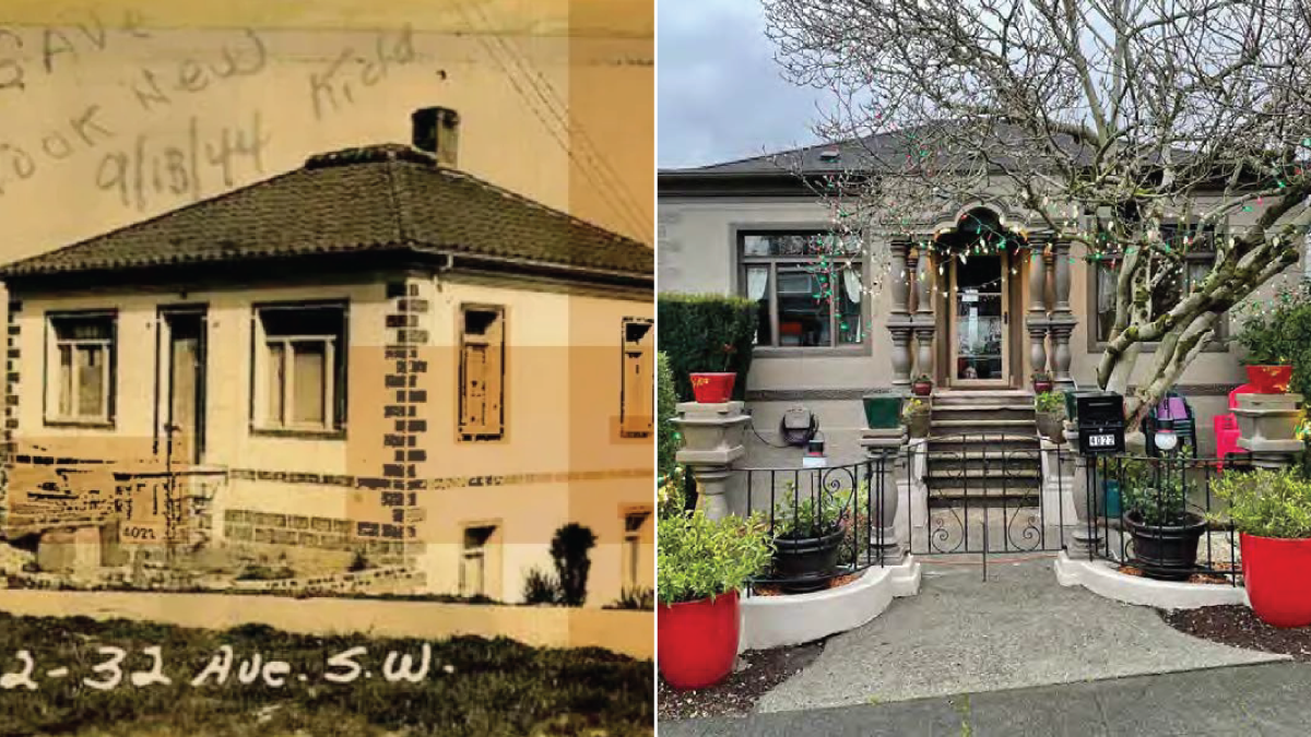 exterior of the Cettolin House seen in two side-by-side photos, one from the 1930s and one from 2022.