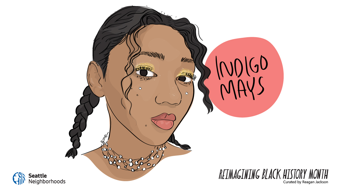 illustration of a young Black woman with braided hair. They are wearing a beaded necklace and yellow eyeshadow. Adjacent text reads 