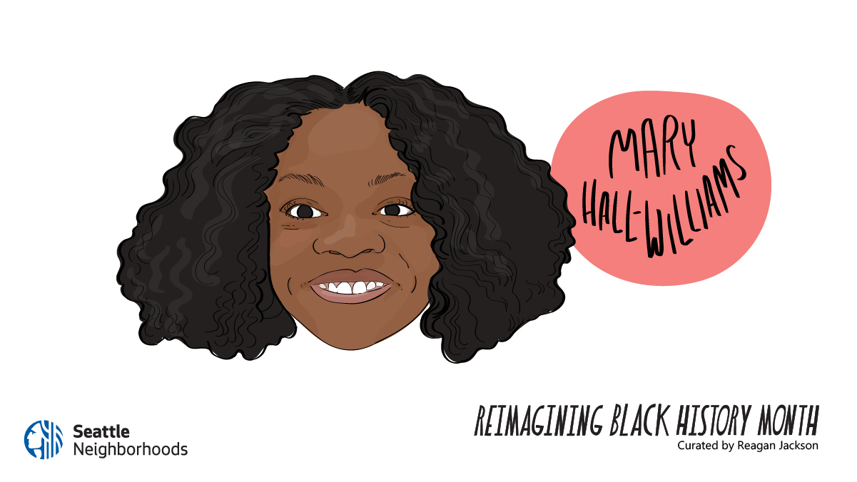 illustration of a Black woman's face. She has medium length curly hair and is smiling widely. Adjacent text reads 