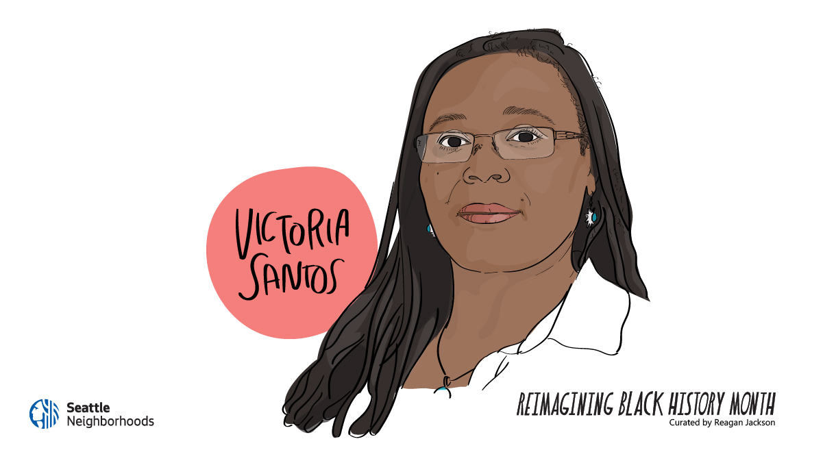 illustration of the face of Victoria Santos, an Afro-Latina woman with long dreadlocked hair. Accompanying text reads: 