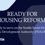 round shapes in shades of blue on a dark background with an illustration of a tree branch with fruit in the top right corner. Text reads: "Ready for housing reform? Apply to serve on the Seattle Social Housing Public Development Authority (PDA) Board"