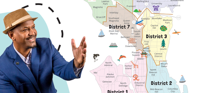 Man wearing a suit gesturing towards a map with new council district boundaries