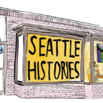 Illustration of an old brick building with a painted window stating: Seattle Histories. Next door you see people through a window. They are seated around a table drinking coffee under a Pride progress flag.