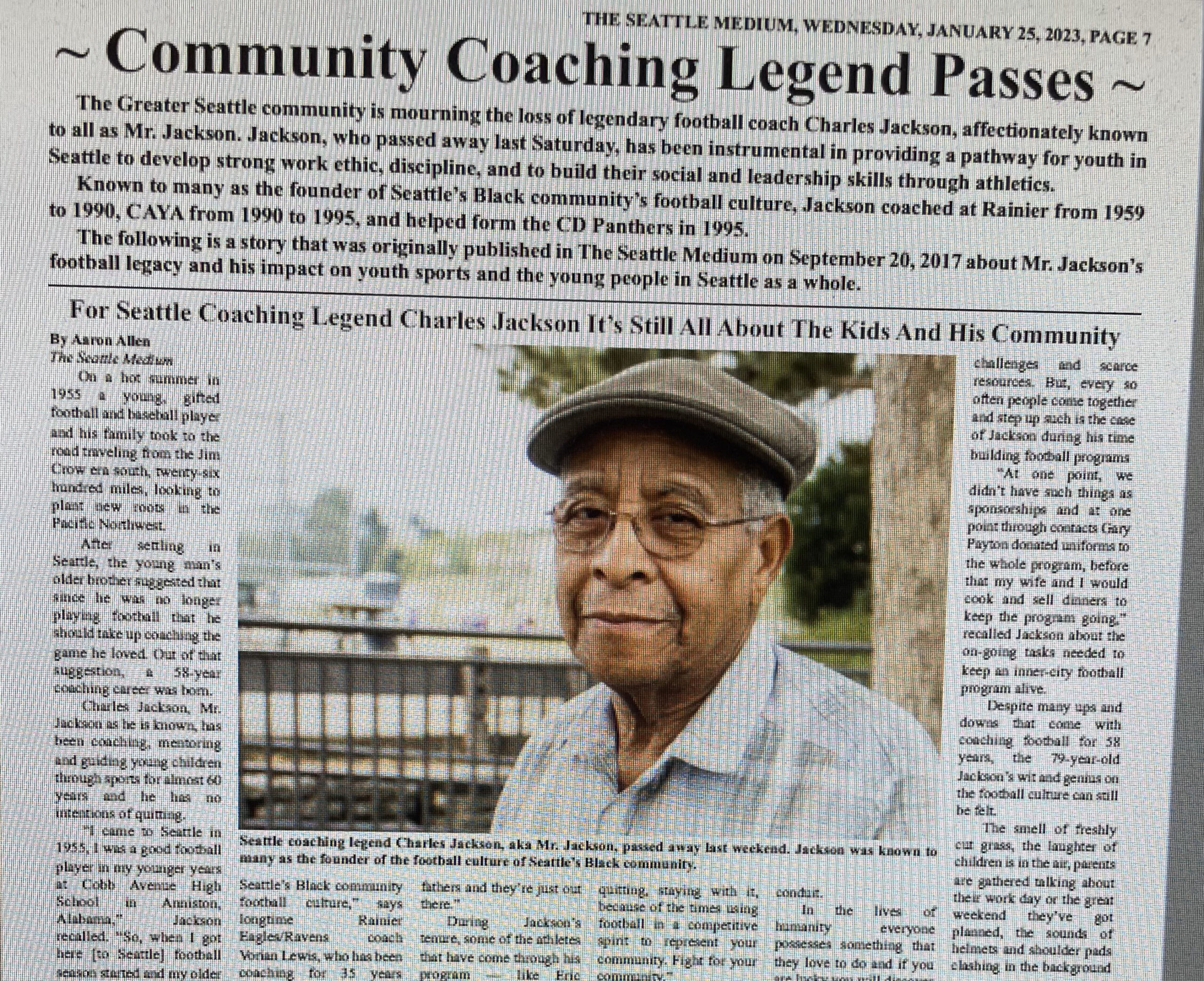 A newspaper clipping with photo of an older Black man wearing a flat cap and glasses and headline that says "Community Coaching Legend Passes."