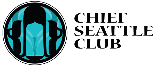 A logo with a round turquoise and black graphic with Indigenous imagery next to black text that says "Chief Seattle Club." 