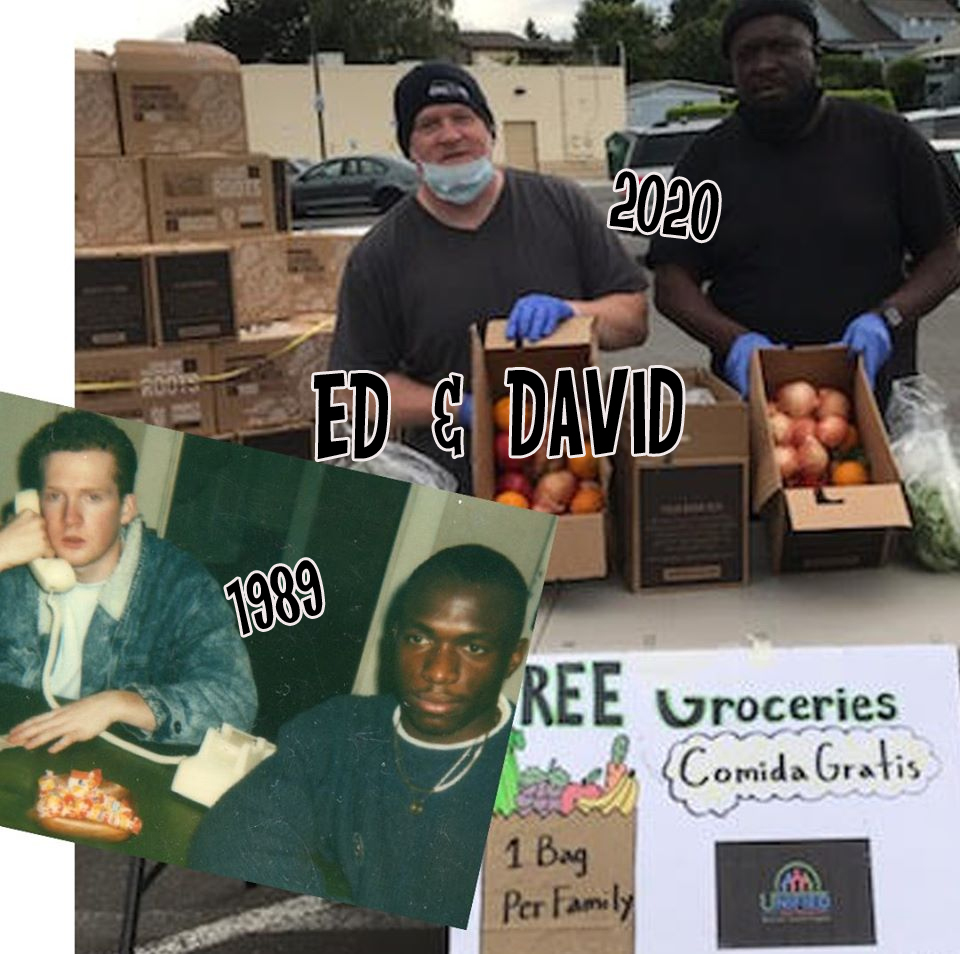 A collage that shows pictures of two men volunteering side by side in 1989 and 2020. 