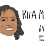 illustration of the face of a smiling South Asian woman. Accompanying text reads "Rita Meher, AANHPI Heritage Month, May 2023, curated by Tasveer"