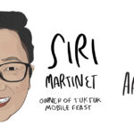 An illustration of the face of a Laotian woman with handwritten text that reads: "Siri Martinet Owner of Tuk Tuk Mobile Feast. AANHPI Month."