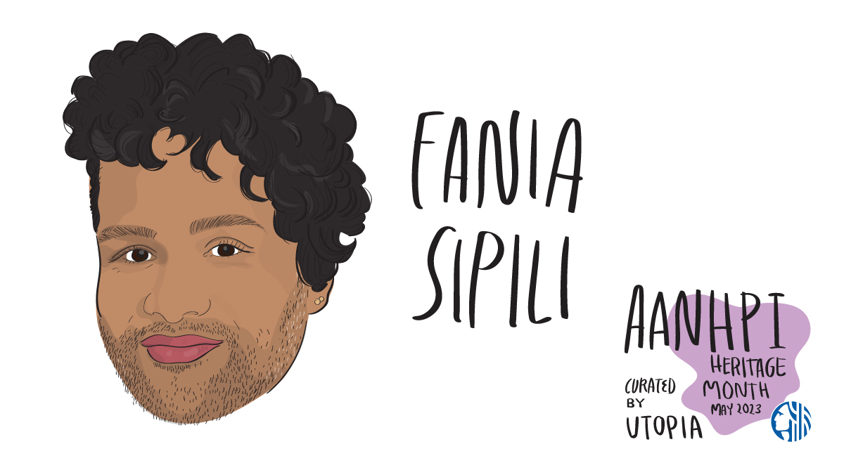 illustration of the face of Fania Sipili. they are smiling and have short, curly, dark hair. adjacent text reads 