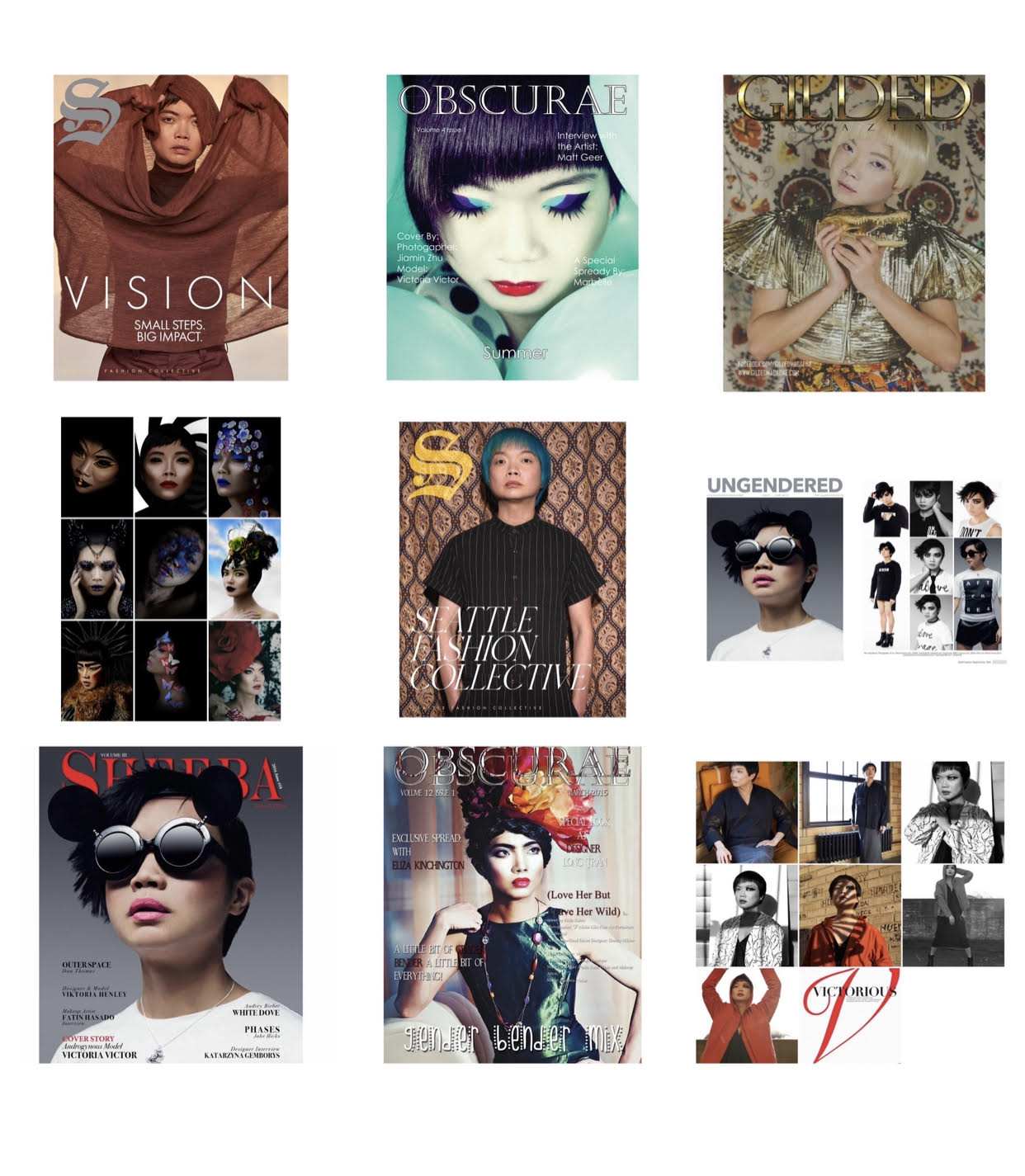 A collage of magazine covers all featuring photos of Victor Loo, a young Asian individual.