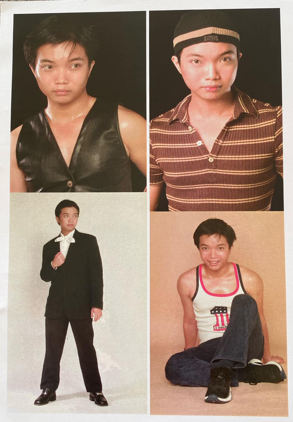 Collage of four modeling photos of a young Asian man.