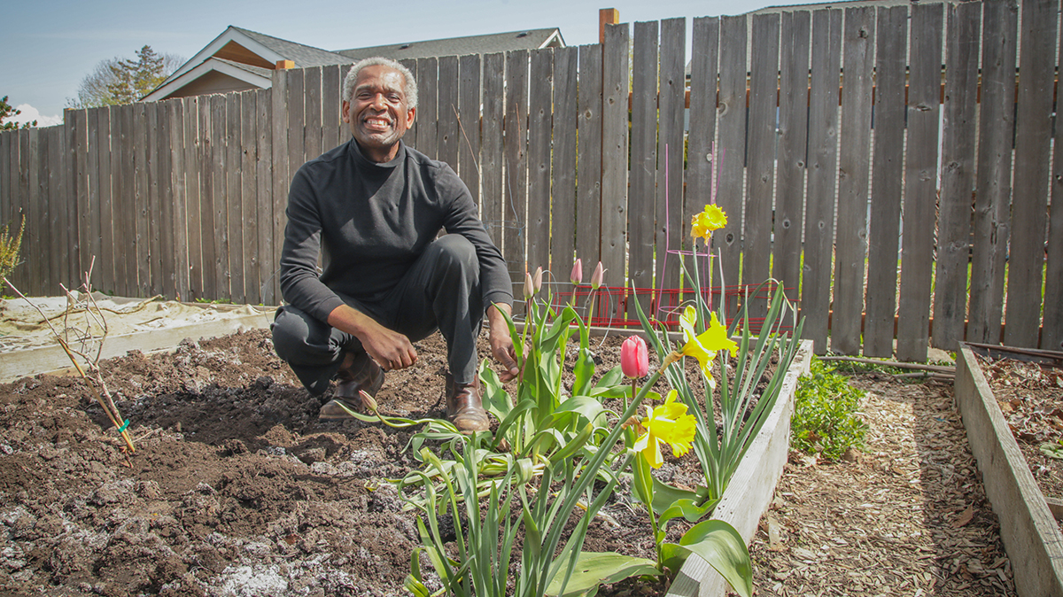 A Black man with gray hair, smiling and kneeling down in a garden bed next to tulips.