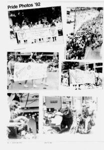 archival newspaper clipping with various black and white photos from the 1992 Lesbian / Gay / Bisexual / Transgender Pride Parade/March and Freedom Rally in Seattle