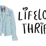 illustration of a jean jacket with a progress pride flag embroidered on the interior label and a pin with Lifelong Thrift logo attached to right shoulder area