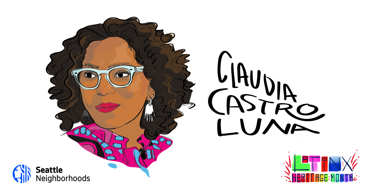 An illustration of a woman with dark brown skin, short brown hair, and glasses. Handwritten text reads Claudio Castro Luna.