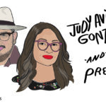 Illustration of a Latino man with a beard and a hat and a Latina woman with glasses and red lipstick. Handwritten text reads "Judy Avitia Gonzales and Jake Prendez, Nepantla Gallery"