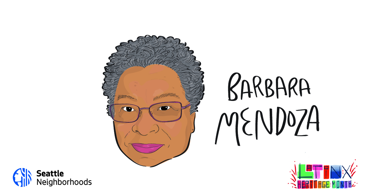 An illustration of a Afro-Latina woman with dark skin, short black and grey hair, and glasses. Handwritten text says 