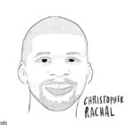 Black and white illustration of Christopher Rachal. Text in the upper right: Native American Heritage Month.