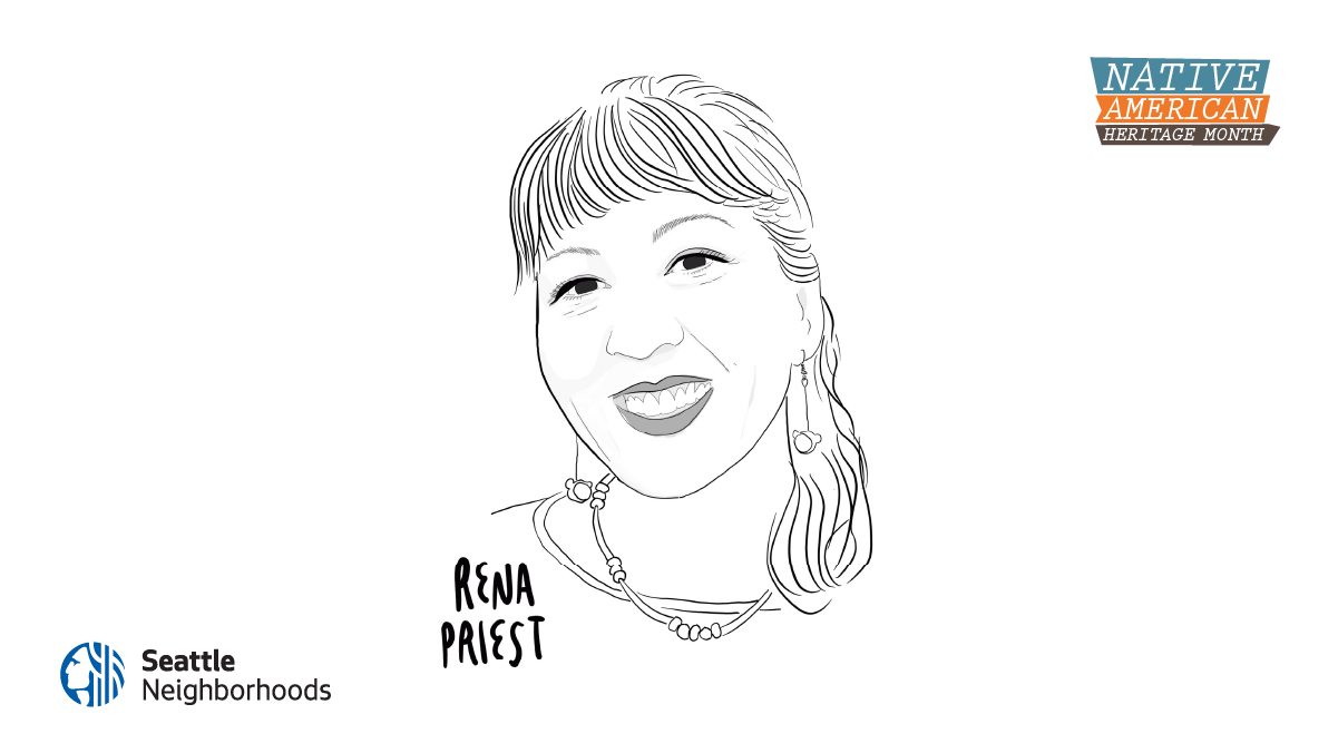 Black and white digital illustration of Rena Priest. Text in the upper right reads: 