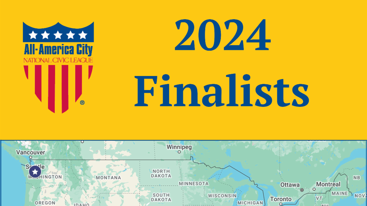 A graphic with a yellow banner and blue text that reads 2024 Finalists and features a map with the top third of the U.S. and a pin dropped on Seattle
