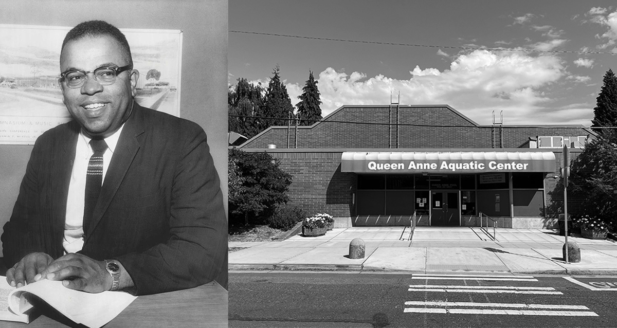 A black and white split photo montage with a picture of a man wearing a suit and tie on the left and a brick building with an awning over the door on the right