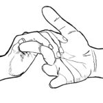 Black and white line drawing of one hand offering itself for another hand to grasp.