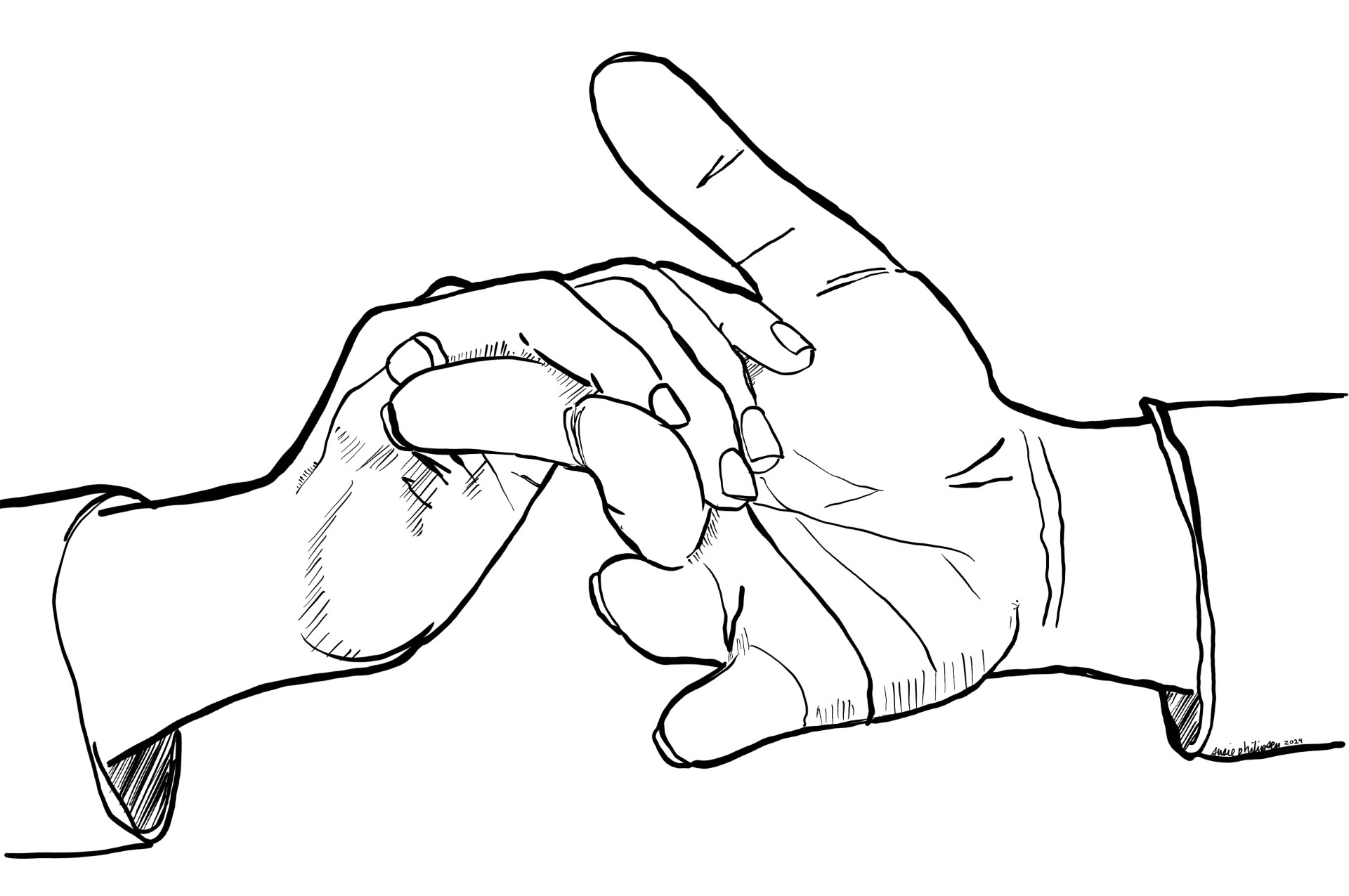 Black and white line drawing of one hand offering itself for another hand to grasp.