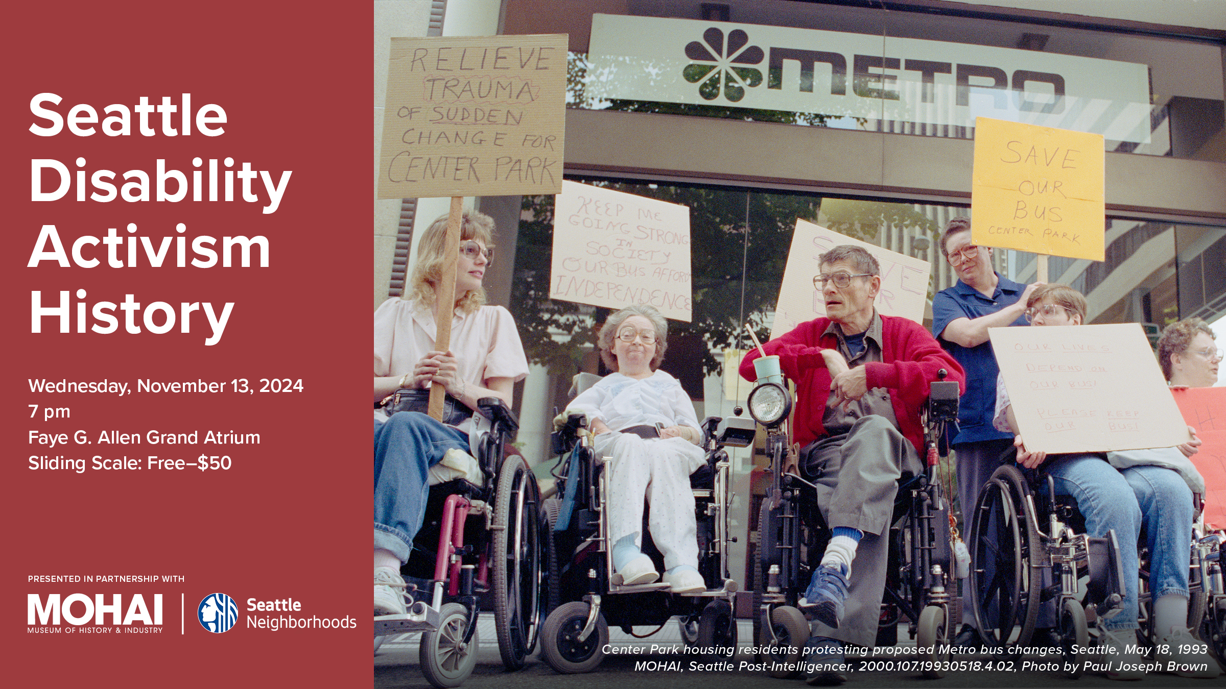 A photo of a group of people in wheel chairs holding up protest signs. Text on the left of the photo reads 