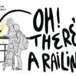 An illustration of two people walking next to a hand railing. A large arrow is pointing toward the railing with hand written text that reads: "Oh! There's a railing!"