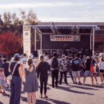 Groups of people gathered in front of an outdoor stage on a sunny day at a neighborhood block party.