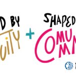 Handwritten text in black, gold, and pink that reads "Led by Equity, Shaped by Community"
